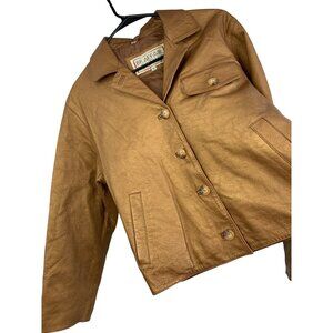 VTG 90s Braefair M Leather Womens Gold Metalic Leather Jacket Crop Boxy 8030